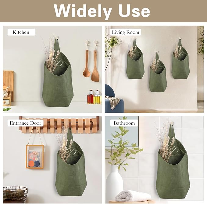 100% Linen Hanging Storage Bags Baskets 2 Pcs, Small Wall Storage Bag for Kitchen, Bedroom, RV Camper Organizer, Sewing Room, Nursery Storage, Kids Room, Army Green