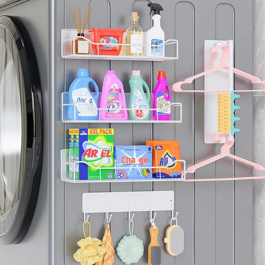 5 Pack Multifunctional Magnetic Shelves for Washing Machine & Refrigerator - Heavy Duty Laundry Room Organization System with Tool Hooks, Metal Storage Baskets (White)
