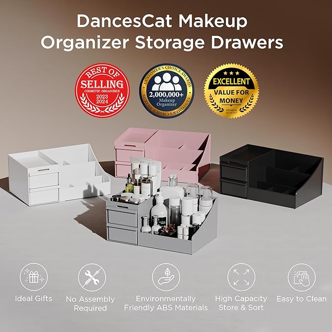 Makeup Organizer Countertop, Vanity Organizer with Drawers for Cosmetics, Skincare, Brushes, Perfume, Skincare Organizer for Vanity, Perfume Organizer for Dresser, Bathroom (Grey&2 Drawers)-NeatNest