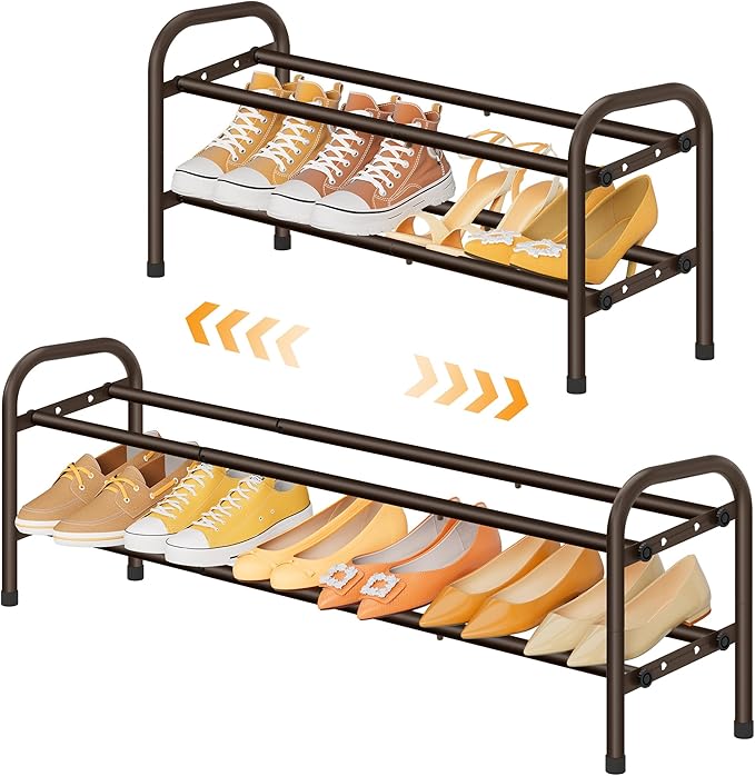 2 Tier Shoe Organizer, Shoe Rack for Closet, 28“ Metal Shelf Can Expandable to 42“, for Bedroom, Entryway, Closet, Garage, Adjustable to 12 Pairs Shoes, Rustic Brown-NeatNest