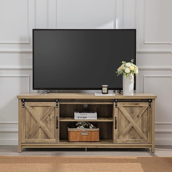 GAZHOME Farmhouse TV Stand with Sliding Barn Doors, Media Entertainment Center Console Table for TVs up to 65”,2-Tier Large Storage Cabinets,Rustic TV Stand for Living Room Bedroom,Light Grey-NeatNest