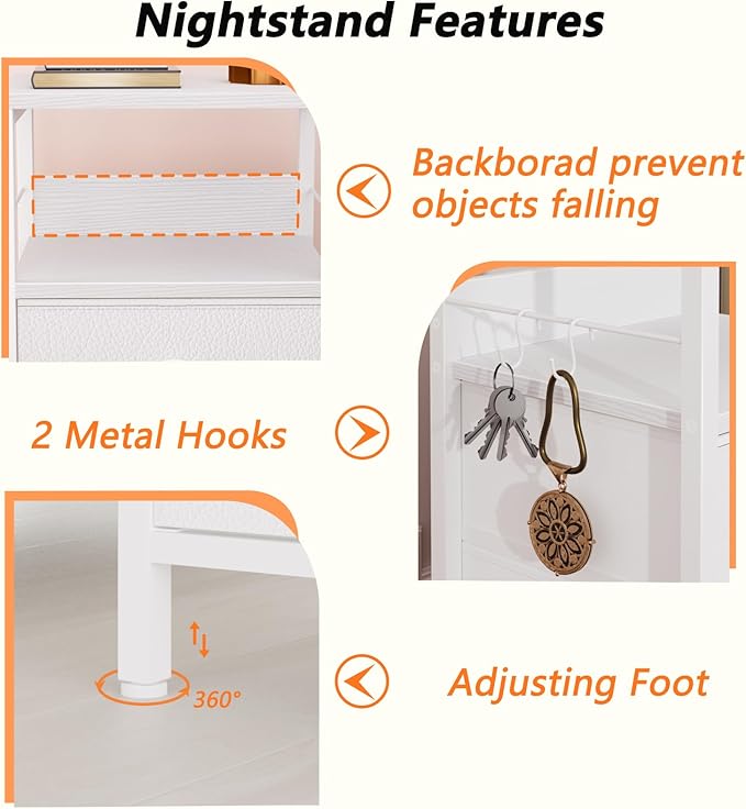 Furologee Nightstand Bedside Table with 2 Fabric Drawers, White Side Table with 2-Tier Shelf, Night Stand with Hooks, for Bedroom, Living Room, Backboard Design, Wooden Top, Metal Frame, White