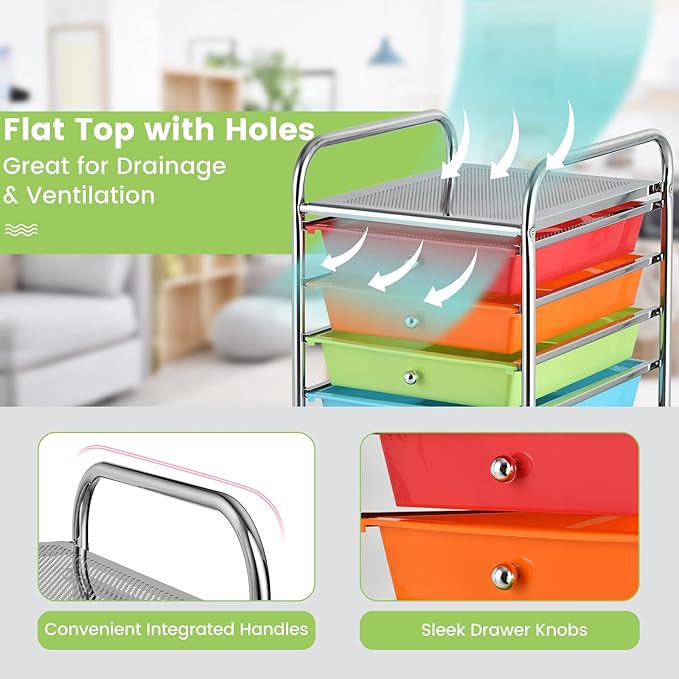 COSTWAY 10-Drawer Rolling Storage Cart, Utility Mobile Trolley with Removable Drawers & Universal Casters & 2 Brakes, Versatile Flexible Drawer Organizer Cart for Home, Office (Multi-Colored)-NeatNest