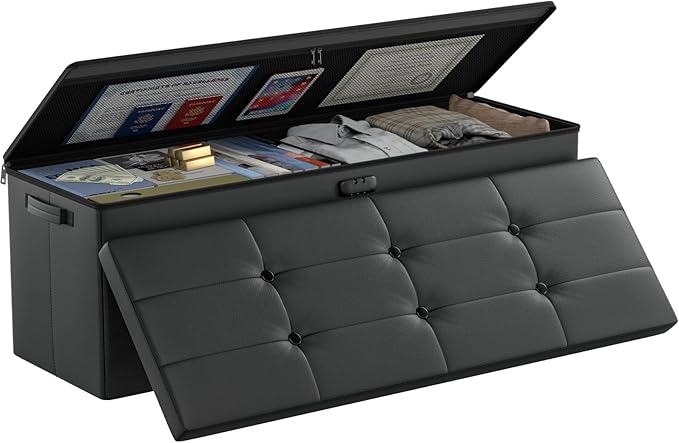 DocSafe Storage Ottoman Bench,Fireproof＆Waterproof Folding Bench with Lock(15”x 43”x15”),Leather Storage Chest with Handles＆2 Extra Boxes,Ottoman Safe for Bedroom,Living Room,Home Office,Black-NeatNest