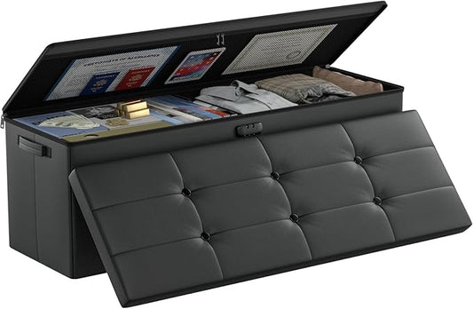 DocSafe Storage Ottoman Bench,Fireproof＆Waterproof Folding Bench with Lock(15”x 43”x15”),Leather Storage Chest with Handles＆2 Extra Boxes,Ottoman Safe for Bedroom,Living Room,Home Office,Black-NeatNest
