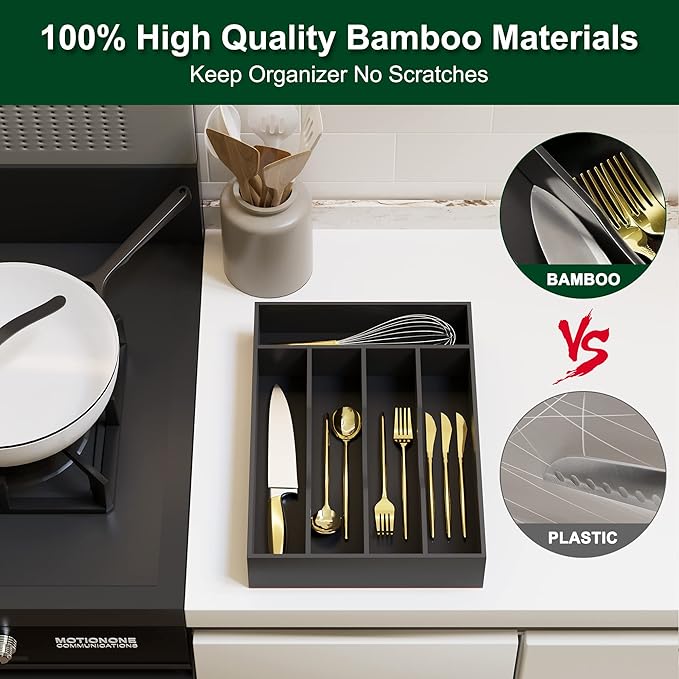 Bellsal Black Utensil Organizer 10 Inch Silverware Tray for Utensil Holder Cutlery Organizer Kitchen Drawer Organizer 5 Compartment Small Narrow Bamboo-NeatNest