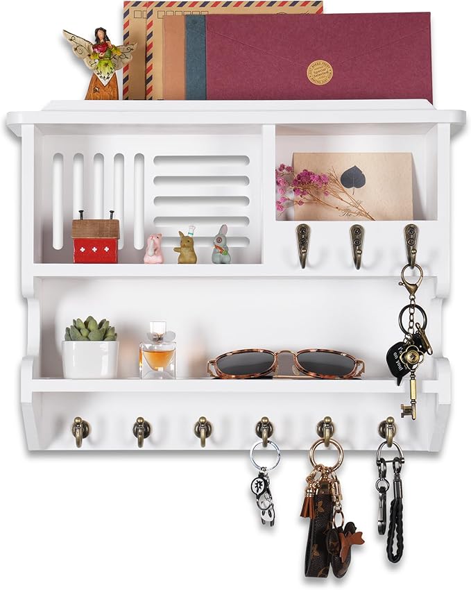 Key Holder for Wall, Mail and Key Holder for Home Decor, Key and Mail Holder for Wall with Key Hooks, White