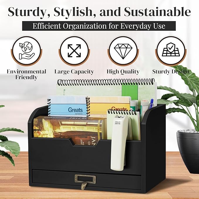 Flexzion 3 Tier Wooden Desk Organizer - Country Rustic Mail Organizer Countertop Compartments Slot File Tray Pencil Sorter Shelf Holder Accessories Set with Storage Drawer for Home Office, Light Brown-NeatNest