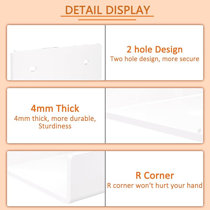 5 Inches U Shape White Acrylic Wall Shelves 2 Pack, Acrylic Small Shelves for Books, Home Décor, Digital Clock, Speaker, Toiletries-NeatNest