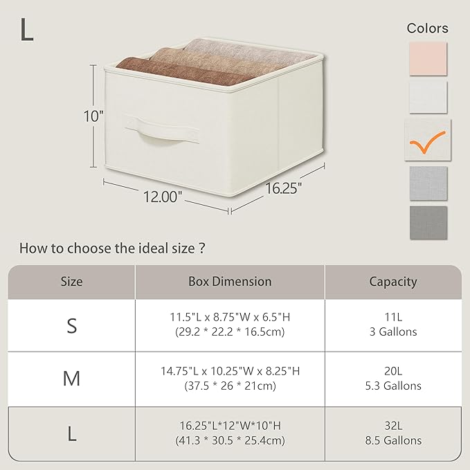 3 Pack Fabric Storage Bins for Shelves | 16.25x12x10in Closet | Collapsible Bins for Organization | Linen Clothes Storage Bins | White & Ivory-NeatNest