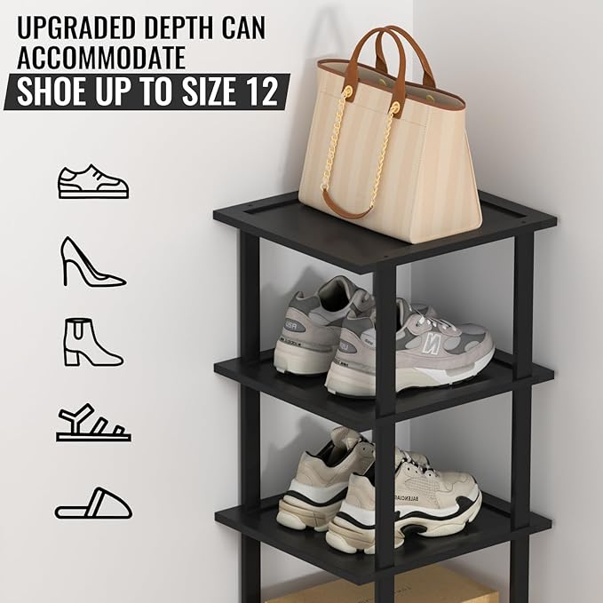Bamboo Free Standing Shoe Rack Shelf Multi Tier Tall Wooden Stackable Shoes Rack Organizer for Closet Front Door Entrance Narrow Vertical Shoe Storage Rack for Corner Stand (Black, 7 Tiers)-NeatNest