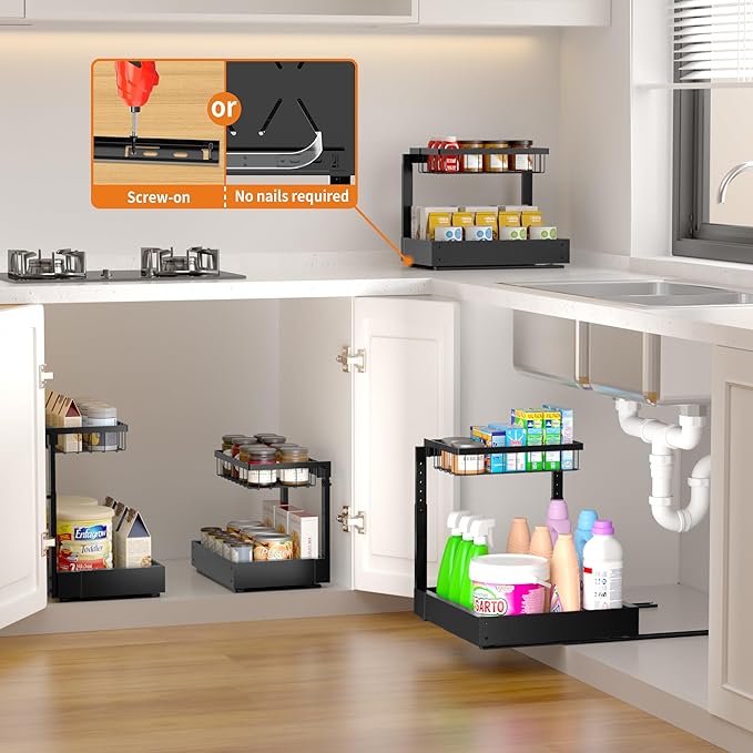 2-Pack Expandable Under Sink Organizers and Storage, 2-Tier Adjustable Pull-Out Cabinet Organizers, Slide-Out Shelves with Width (9.9"-15.7") & Height (11.6"-15.6") for Kitchen & Bathroom-NeatNest