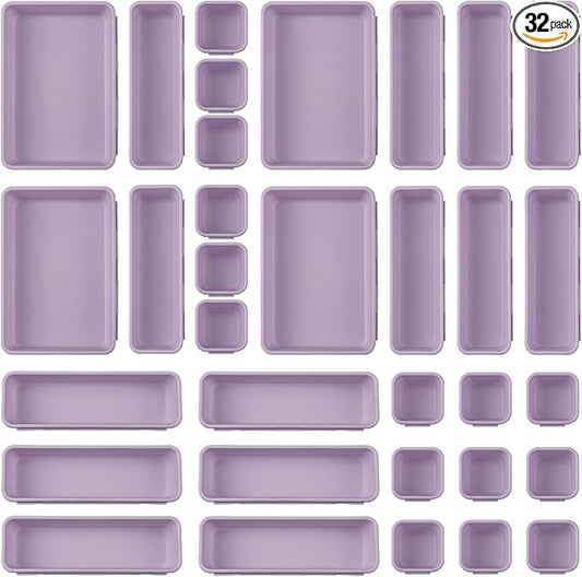 32 Pcs Desk Drawer Organizer Office Organization Tray Versatile Vanity Organizer with Nonslip Pads Makeup for Divider Drawer Storage Box Container for Kitchen Bedroom(Purple)
