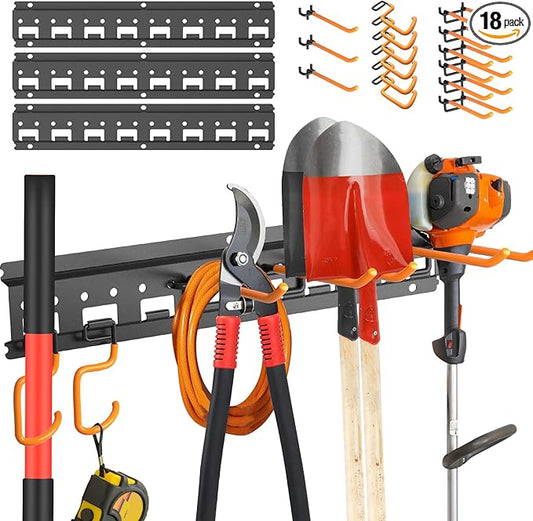 Garden Tool Organizer Wall Mount - Garage Storage and Organization Yard Tool Hanger with Adjustable Pegboard Hooks Shed Rack for Broom Mop Shovel Rake Trimmers, 48 inch Max 550lbs, Black
