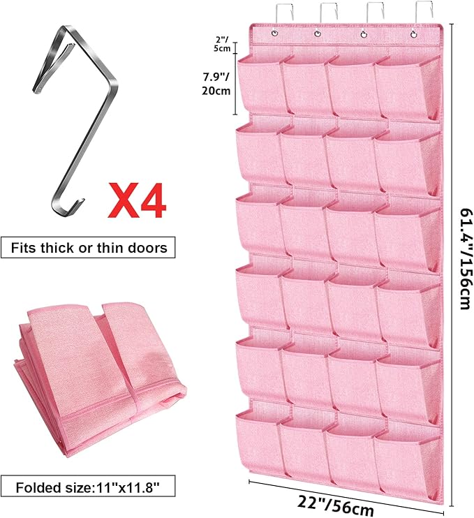 Pink Shoe Organizer Over the Door for Girls Women Kids Room,Hanging Shoe Rack Organizer for Closet Door,Zapateras Storage Holder with 24 Large Pockets & 4 Sturdy Hooks for Shoes,Slippers-NeatNest