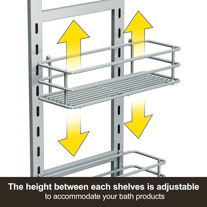 Orimade Adjustable Anti-Slip Shower Caddy Over Shower Head, Rustproof Bathroom Hanging Shower Organizer with 2 Hooks for Razor, No Drilling Shower Shelves Storage Rack 2 Tier, Light Grey