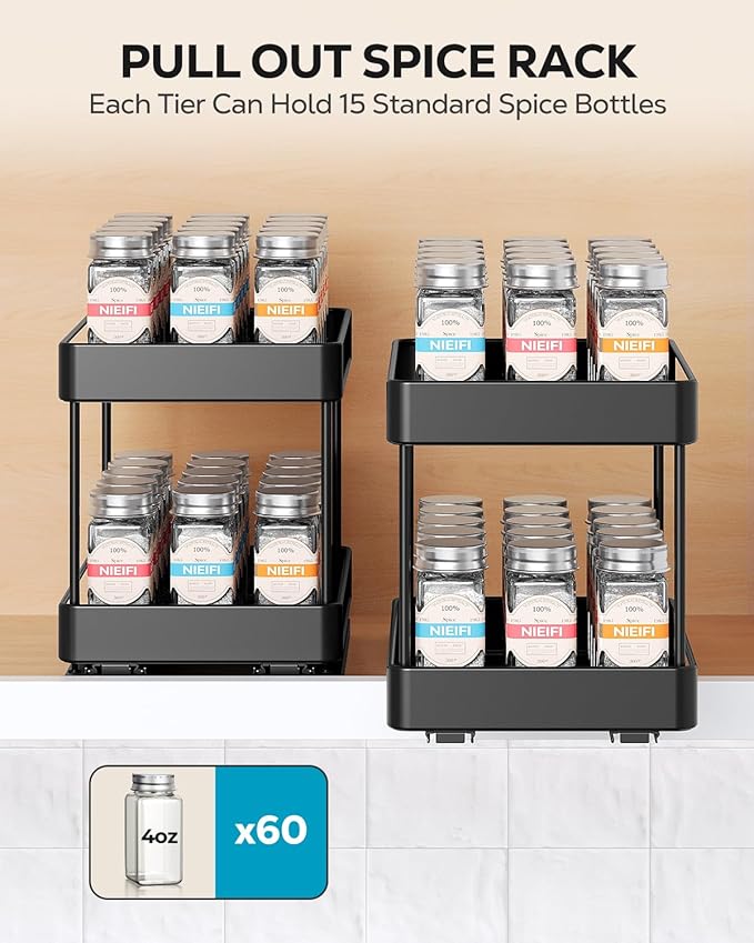 Nieifi Spice Rack Organizer for Cabinet, Vertical Spice Rack Pull Out, Easy to Install, Metal, 6.5''Wx10.35''Dx8.4''H, 2 Pack, 2 Tiers(Black)