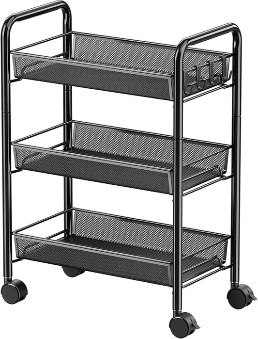 JANE EYRE 3-Tier Rolling Utility Storage Rack Cart on Wheels, Trolley Craft cart, Multi-Purpose Organizer Shelf, Black-NeatNest