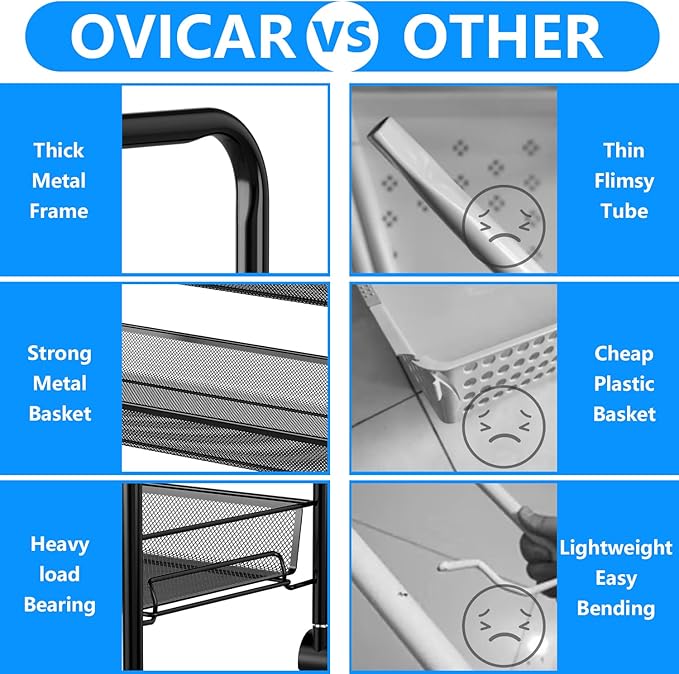 OVICAR 4 Tier Mesh Wire Rolling Cart, Kitchen Storage Organizer Utility Cart, Full Metal Basket Storage Art Trolley Carts with Wheels & 4 Side Hooks