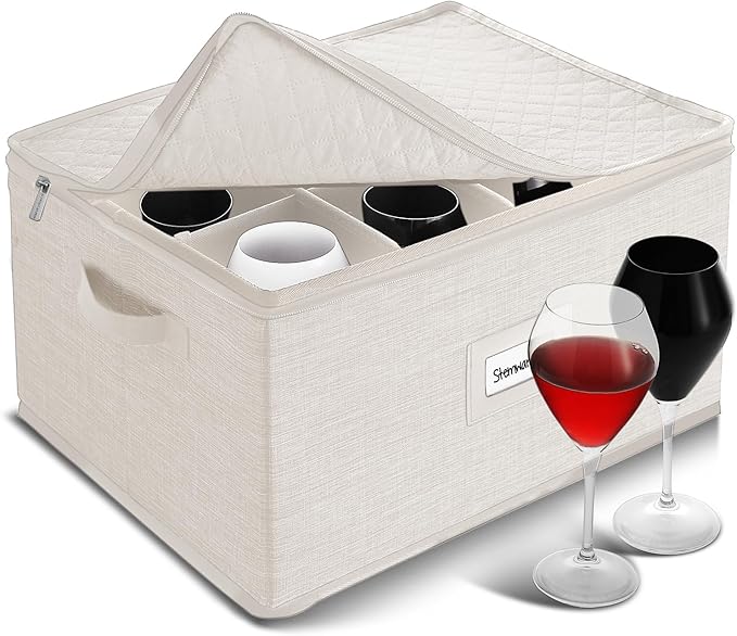 Hearth & Harbor Wine Glass Storage Box with Dividers, Quilted and Stackable Stemware Storage Cases, Service of 12 Glass China Container Hard Shell for Moving and Organization, Cream-NeatNest