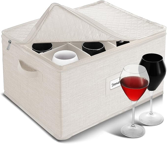 Hearth & Harbor Wine Glass Storage Box with Dividers, Quilted and Stackable Stemware Storage Cases, Service of 12 Glass China Container Hard Shell for Moving and Organization, Cream-NeatNest