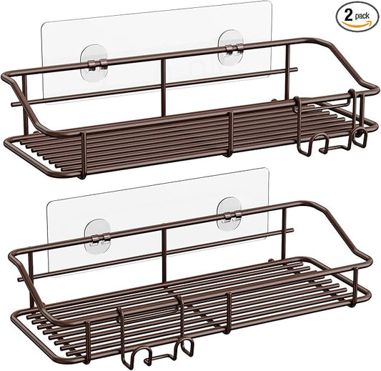Nieifi Shower Caddy Shelf Storage Rack Adhesive Without Drilling Stainless Steel with Hooks for Washroom, Lavatory, Restroom, Toilet, Bathroom, Kitchen - 2 Pack Bronze-NeatNest