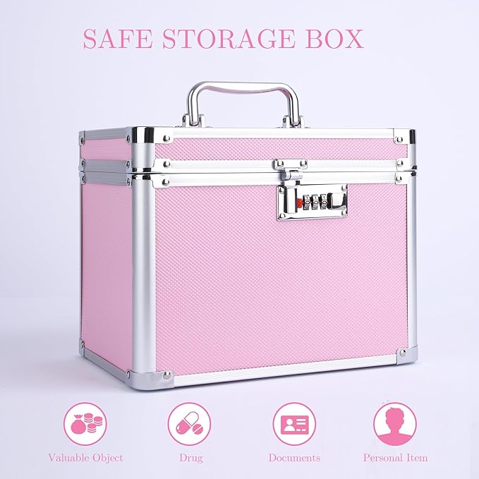 Medication Combination Lock Boxes with Code for Personal Items, Medicine Lockbox for Documents 10 x 7.25 x 7.75 Inches Pink