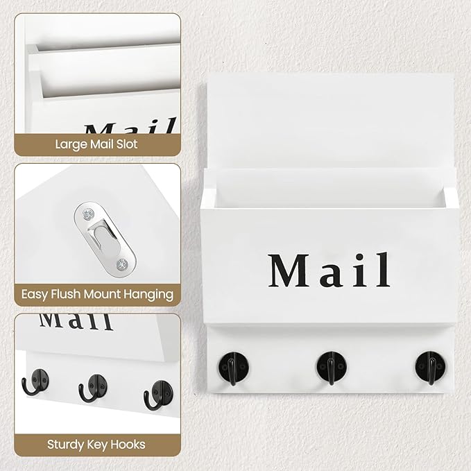 Mail and Key Holder - Decorative 8.86" x 11.42" Wall Key Hanger with 2 Mail Organizer Slots and 3 Hooks - Real Paulownia Wood with Keyhole Brackets, Hardware and Instructions (White)
