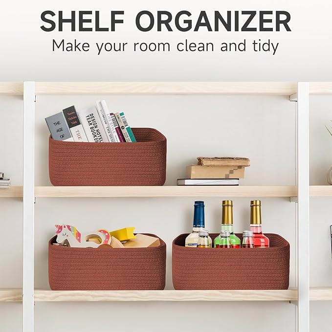 3-Pack Shelf Baskets for Organizing, Closet Organizer Bins, Small Woven Baskets, Rope Toy Basket, Storage Basket for Shelves, Cube Decorative Box, 11.5×7.5×4.7”, Oxide Red-NeatNest