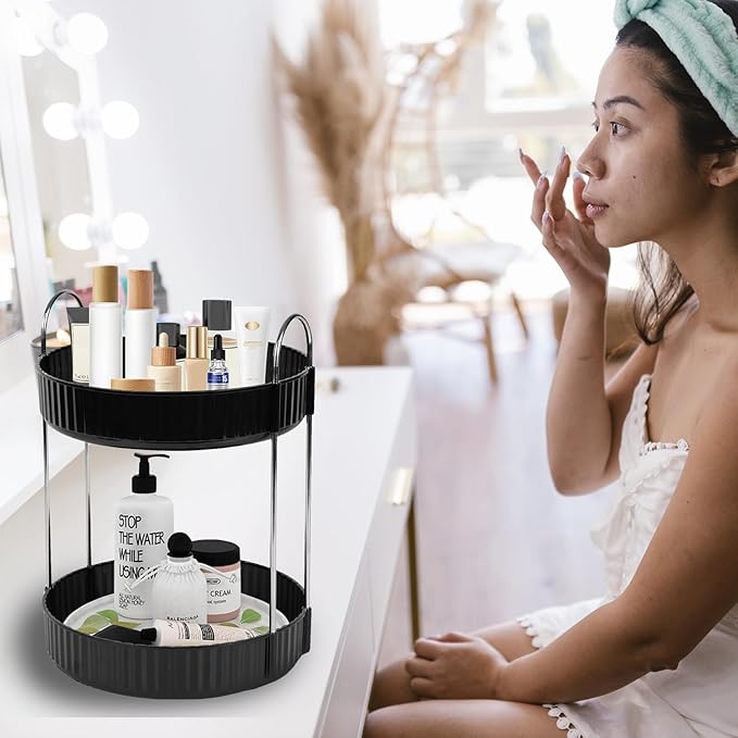 Rotating Makeup Organizer Countertop 2 Tier Lazy Susan Trays Spinning Skincare Perfume Storage for Bathroom Counter Vanity, Black-NeatNest