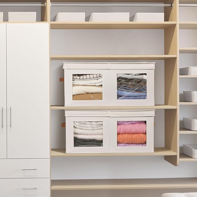 Univivi Large Storage Boxes with Lids, Collapsible Foldable Storage Bins for Clothes, [2-Pack] Fabric Storage Cubes with Handles, Closet Organizers for Home, Bedroom (Beige, 24” x 17” x 12")-NeatNest