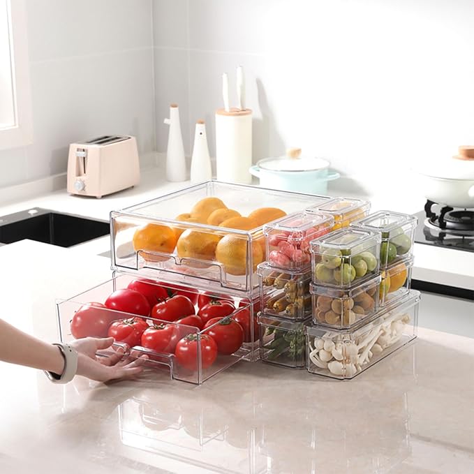 YINGRACE 10 Pack Fridge Organizer Bins, Stackable Refrigerator Organizers and Storage, With a Pull-out Large Drawer, BPA-Free Clear Containers For Fruit, Vegetable, Drinks