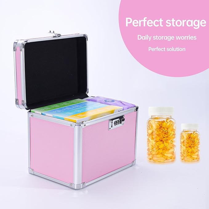 Medication Combination Lock Boxes with Code for Personal Items, Medicine Lockbox for Documents 10 x 7.25 x 7.75 Inches Pink
