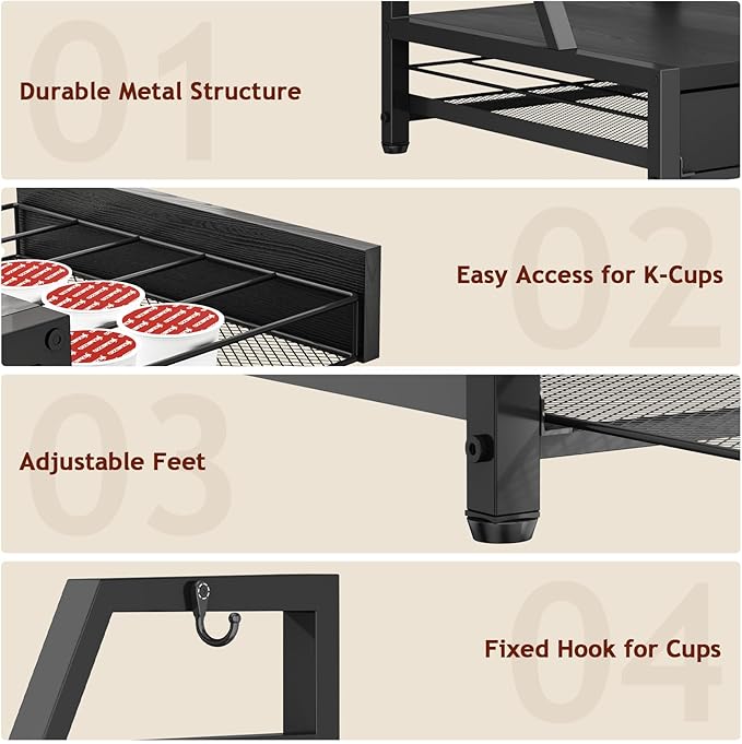 K Cup Holder Drawer - K Cup Storage Organizer, Coffee Pod Drawer with Hooks, Durable Iron-Wood Design, Space-Saving Coffee Station Organizer for Kitchen Counter-NeatNest