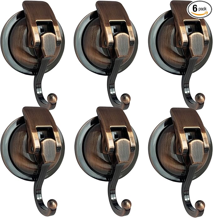 Heavy Duty Vacuum Suction Shower Hooks - Glass Suction Cup Hooks, for Bathroom Robe or Garland Decoration (Antique Brass, 6 Pack)