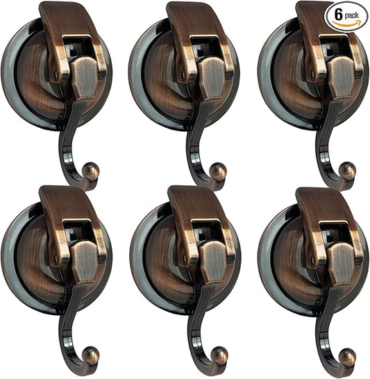 Heavy Duty Vacuum Suction Shower Hooks - Glass Suction Cup Hooks, for Bathroom Robe or Garland Decoration (Antique Brass, 6 Pack)