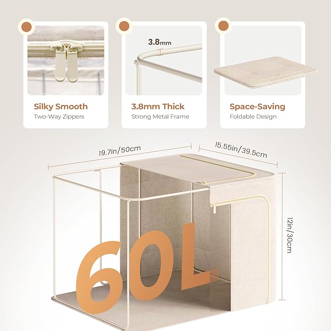3Pack 60L Large Cloth Storage Bins with Metal Frame, Linen Storage Box with Clear Window, Stackable Sweater Storage for Closet, Clothes Containers for Comforters, Blankets, Quilts, T-shirt-NeatNest