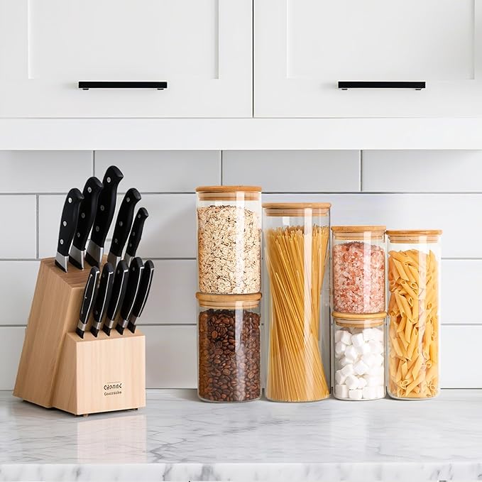 ComSaf Glass Food Storage Jars Set of 6, Clear Glass Storage Containers with Lids, Canisters Sets for the kitchen, Spaghetti, Pasta, Flour, Nuts, Oat, Coffee and Sugar Container, Pantry Organization-NeatNest