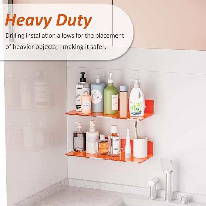 15 Inches Orange Acrylic Wall Shelves 2 Pack, L Shape Floating Shelf, Perspex Wall Mounted Shelves for Wall Décor, Moel Car, Candle, Calendar, Towel, Tissue-NeatNest