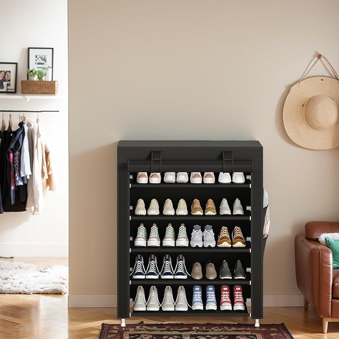Laiensia 5-Tier Vertical Shoe Rack Organizer, Space Saving Shoe Storage Organizer, Non-Woven Cover Shoe Shelf Holds 20-25 Pairs for Bedroom, Hallway, Closet Entryway, Black-NeatNest