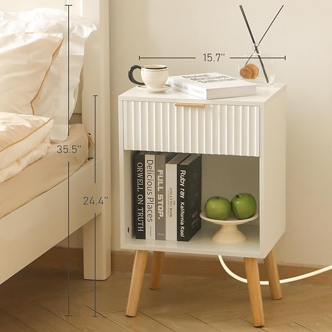 White Nightstand with Charging Station, Mid Century Modern Bedside Table with Drawers and Outlet,Side Tables Living Room, Wooden Night Stand for Bedroom, Office (White)