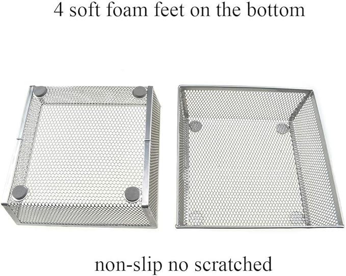 HAHIYO Stackable Mesh Tray Cup 6 x 6 x 2 inches Sturdy Container for Desk Drawer Organizer Collection for Home Office School kitchen Soft Foam Feet No Sharp Edges 2 Pack Silver-NeatNest