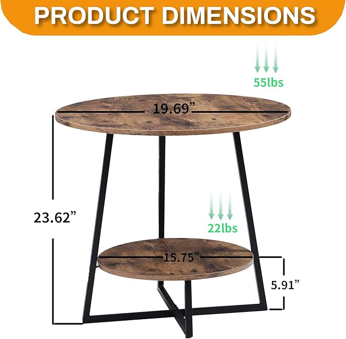 D&H FURNIMMT 20" Living Room Side Table Set of 2 for Small Spaces, 2 Tier Wood Top Round End Tables with Storage Shelf, Accent Sofa Table for Bedroom, Office, Sunroom, Balcony, Rustic Brown/Black-NeatNest
