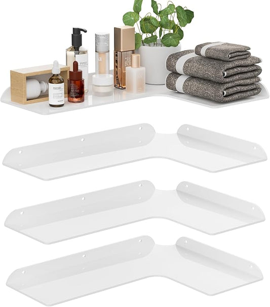 11.4x16 Inch Acrylic Corner Floating Shelf Set of 4, White Corner Wall Shelf for Home Décor, Speakers, Security Cameras, Toileries, Plants, Figures, Cosmetics, Books
