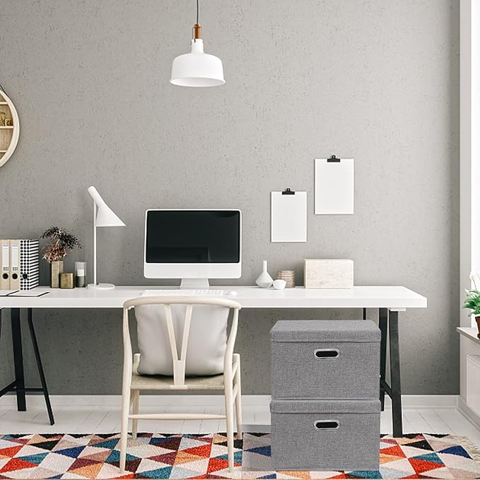 DAYARD Foldable Storage Boxes with Lids Linen Fabric Stackable Storage Bins Organizer Containers Baskets Cube with Cover for Closet Office Nursery, Grey (15 x 10 x 10)-NeatNest