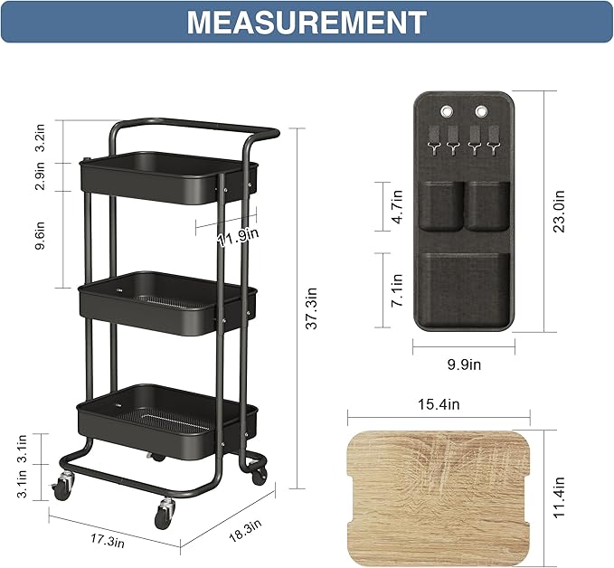 DTK 3 Tier Metal Utility Rolling Cart with Table Top and Side Bags, Tray Storage Organizer Wheels, Art Craft 4 Hooks for Kitchen Bathroom Office Living Room (Black)-NeatNest