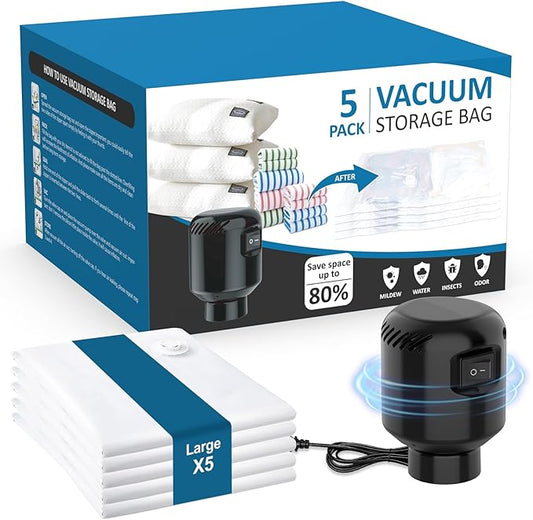 GGH 5 Pack Vacuum Storage Bags with Electric Pump, Large Vacuum Seal Bags for Clothing, Comforters, Blankets - Space Saver Compression Bags for Travel & Home Organization-NeatNest