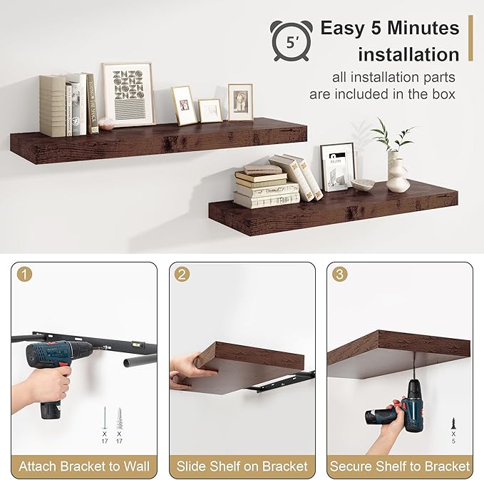 Heimlove Rustic Brown Bathroom Shelves Floating Shelves for Wall Shelf Over Toilet Long Wall Mounted Modern Farmhouse,48 x 12 Shelves with Invisible Brackets for Living Room, Kitchen, Bedroom-NeatNest
