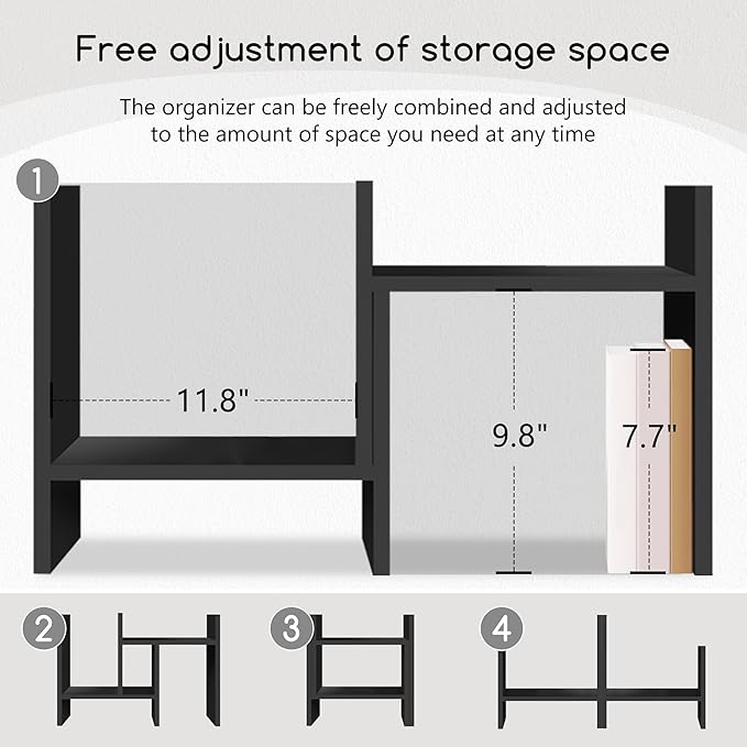 Jerry & Maggie Desktop Organizer Office Storage Rack Adjustable Wood Display Shelf Free Style Double H, Multi-Functional Mini Bookshelf for Desk Natural Stand (Black)-NeatNest