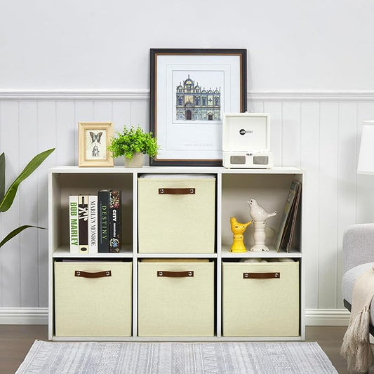 Collapsible Fabric Storage Cube Bins with 2 Reinforced PU Handles, Foldable Storage Organizer Baskets for Closet, Shelves, Living Room | 13"x13"x13", 4 Pack, Full Beige-NeatNest